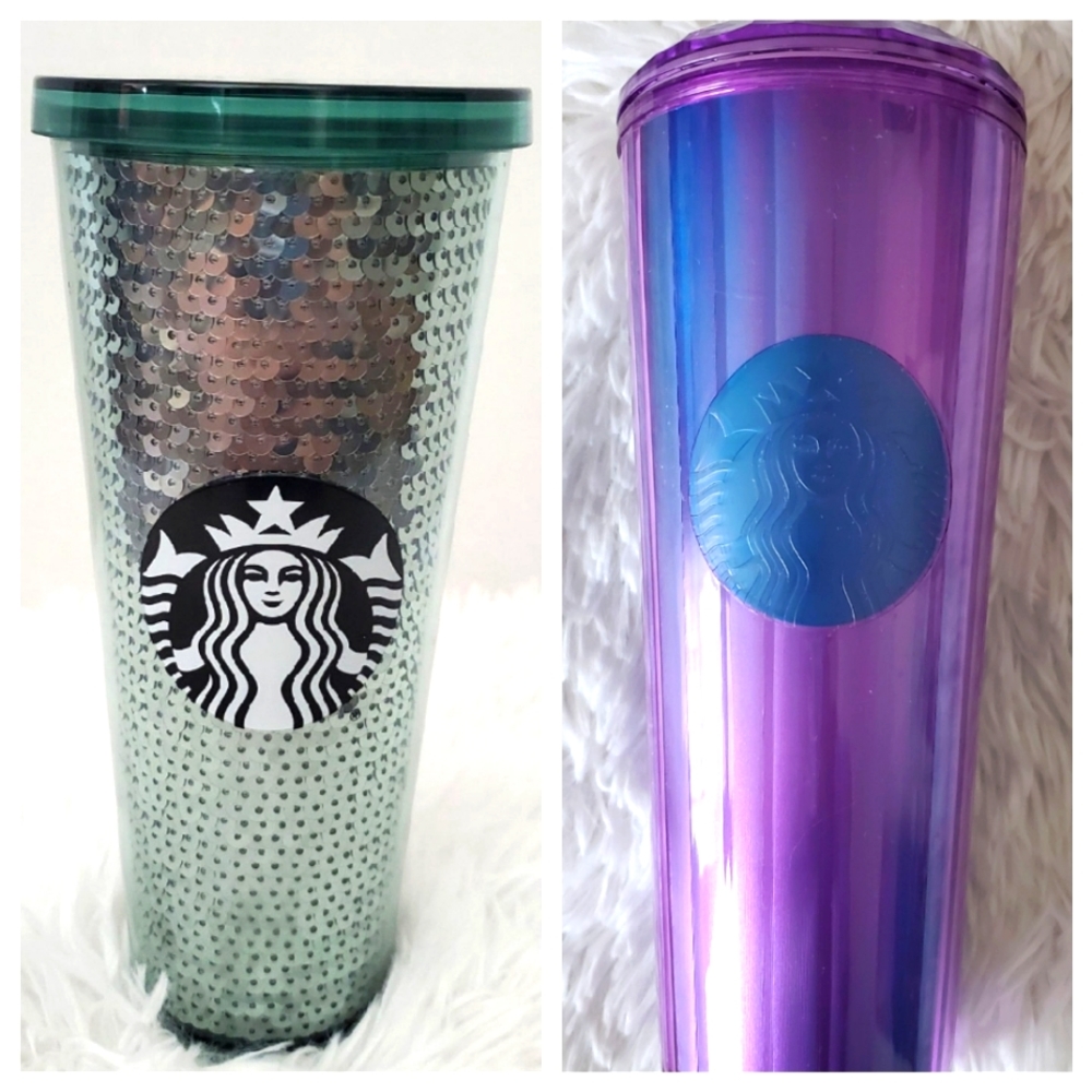 Starbucks Pair Tall 24oz Tumblers Sequin Mermaid Green Kaleidoscope Purp…